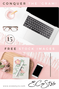 E Cee Style pinterest graphic in pink colourway for 15 free styled stock images to download with feature image of laptop