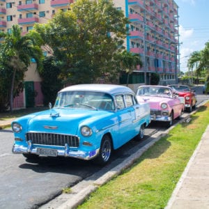 vintage cuban cars blue and pink taken on trip while finding clarity shot by erica steeves